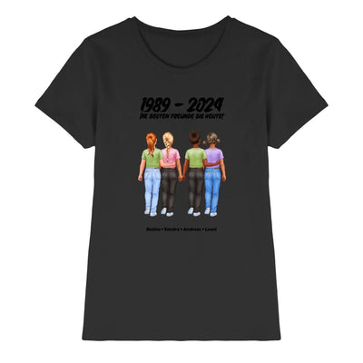 Schwarzes kurzarmshirt mit personalisierten freundschaftsfiguren und text 1989 bis 2024 aus der statement-collection