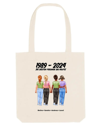 Cremefarbener canvas-tote bag mit illustrationen von vier freunden und text 1989 bis 2024 beste freunde personalisiert