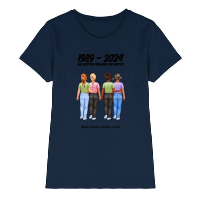 Navyblaues kurzarmshirt mit freundschaftsgrafik von vier frauen und jahreszahlen 1989 bis 2024 personalisiert