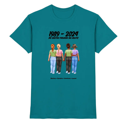 Petrolfarben baumwoll t shirt mit grafik von vier frauen die hände halten und text 1989 bis 2024 beste freunde bis heute personalisiert