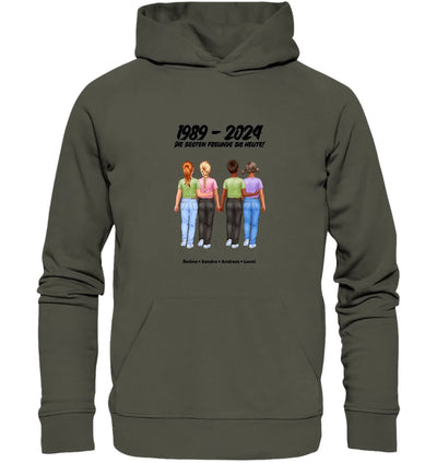 Olivegrüner hoodie mit kapuze und grafik vier mädchen halten hände text 1989 bis 2024 und namen darunter personalisiert