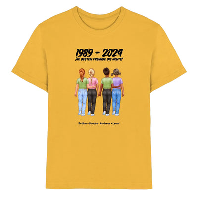 Gelbes baumwollshirt mit grafik von vier freunden und wunschtext 1989 - 2024 aus der statement-collection