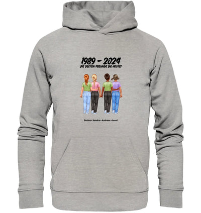 Grauer kapuzenpullover mit buntem freundschaftsdesign 1989 - 2024 und personalisierten figuren aus der statement-collection