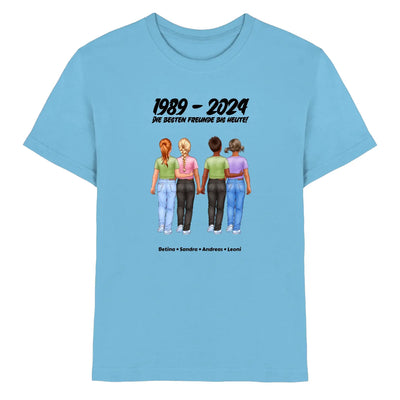 Hellblaues baumwoll t shirt mit grafik von vier frauen die hände halten text 1989 - 2024 die besten freunde bis heute personalisiert