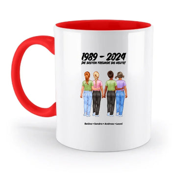Weiße keramik tasse mit rotem innenraum und griff, personalisierte freundschaftsillustration mit vier freunden