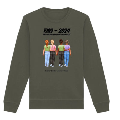 Olivegrüner langarm sweatshirt mit grafik von vier freunden und text 1989–2024 die besten freunde bis heute personalisiert