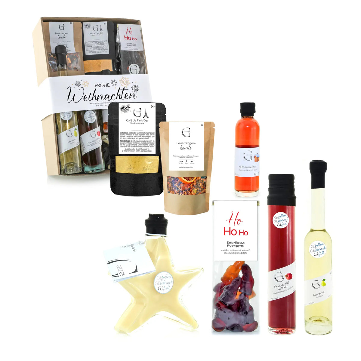 Ein durchsichtiges sternförmiges glasfläschchen mit gelblichem weihnachtswein im frohe weihnachten geschenkset m