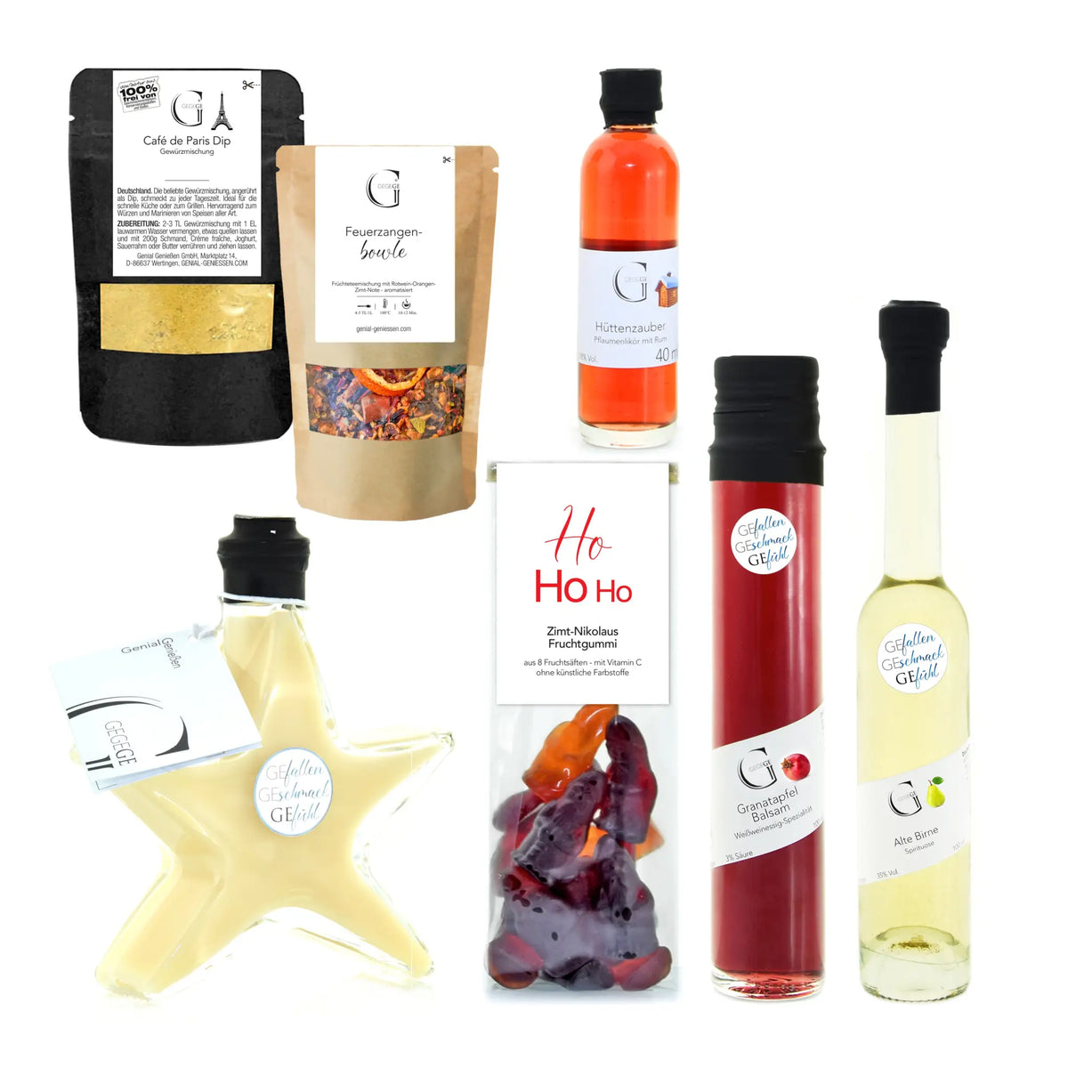 Eine durchscheinend gelbe sternförmige glasflasche mit schwarzem deckel und gärtner gelfeld label aus dem frohe weihnachten geschenkset m