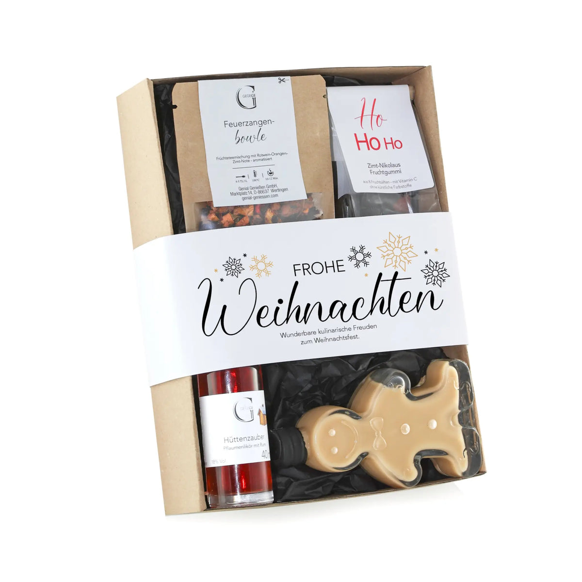 Frohe weihnachten geschenkset s mit weißem band und gold schneeflocken enthält gingerman bonbon hüttenzaubler likör und feuerzangenbowle treats
