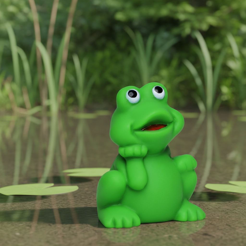Grüner quietsche-frosch aus gummi mit großen augen und fröhlichem gesicht als badetier