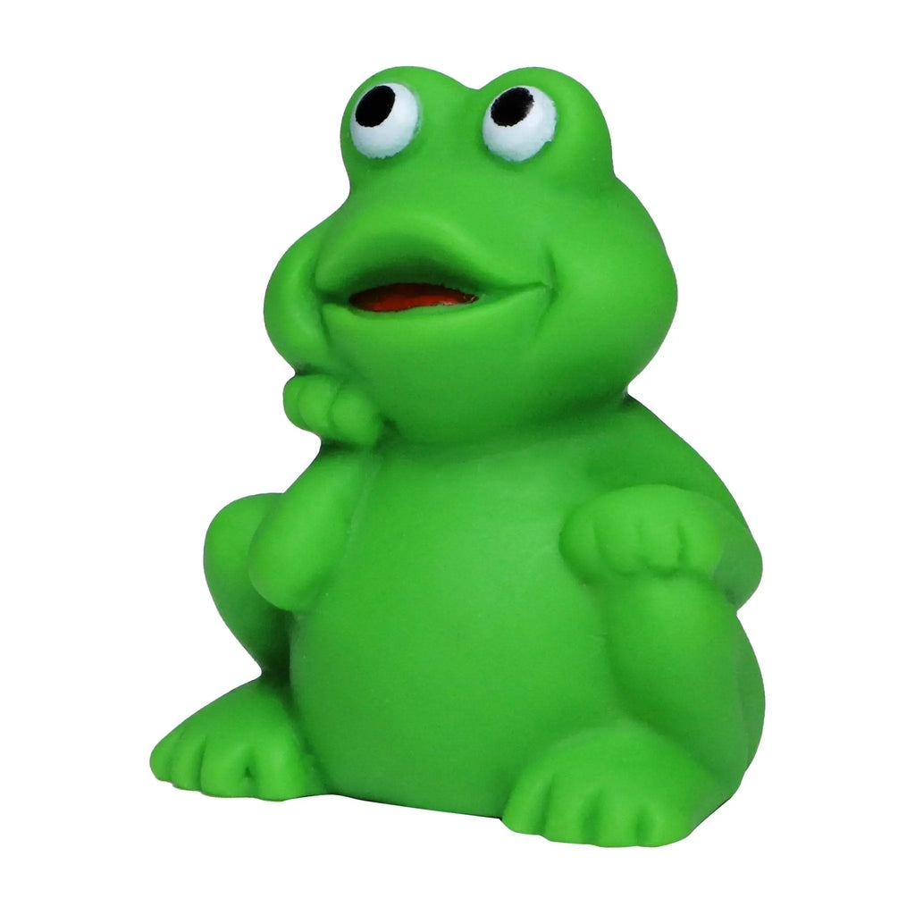 Grüner quietsche-frosch aus gummi mit weißen augen und rotem mund in einer cartoonhaften pose fürs badezimmer