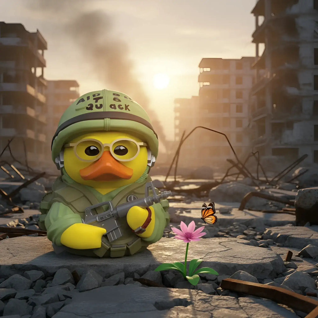 Gelbe gummiente tubbz sgt jt joker davis in grünem militärhelm und weste mit spielzeuggewehr und schlüsselanhänger