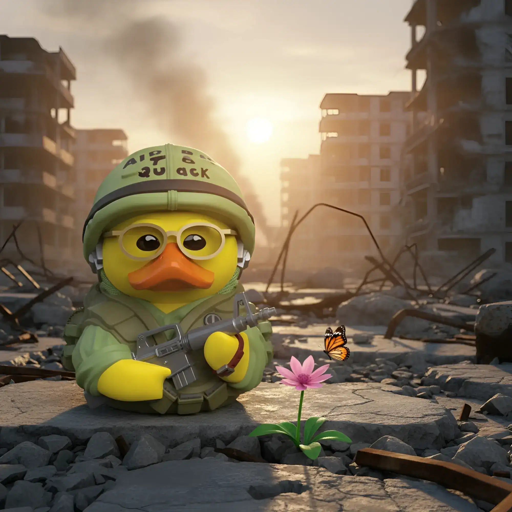 Gelbe gummiente tubbz sgt jt joker davis in grünem militärhelm und weste mit spielzeuggewehr und schlüsselanhänger