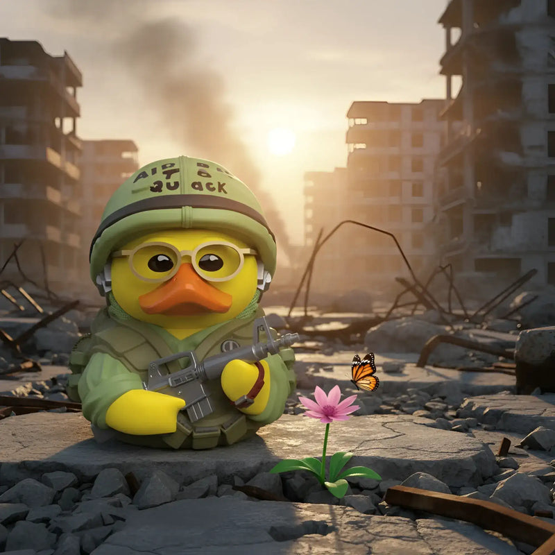 Gelbe gummiente tubbz sgt jt joker davis in grünem militärhelm und weste mit spielzeuggewehr und schlüsselanhänger