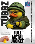 Gelbe gummiente full metal jacket tubbz sgt jt joker davis mit grünem helm, brille, weste und schwarzem gewehr, ca 9 cm
