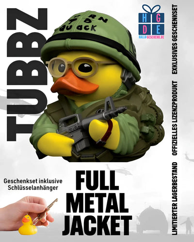 Gelbe gummiente full metal jacket tubbz sgt jt joker davis mit grünem helm, brille, weste und schwarzem gewehr, ca 9 cm