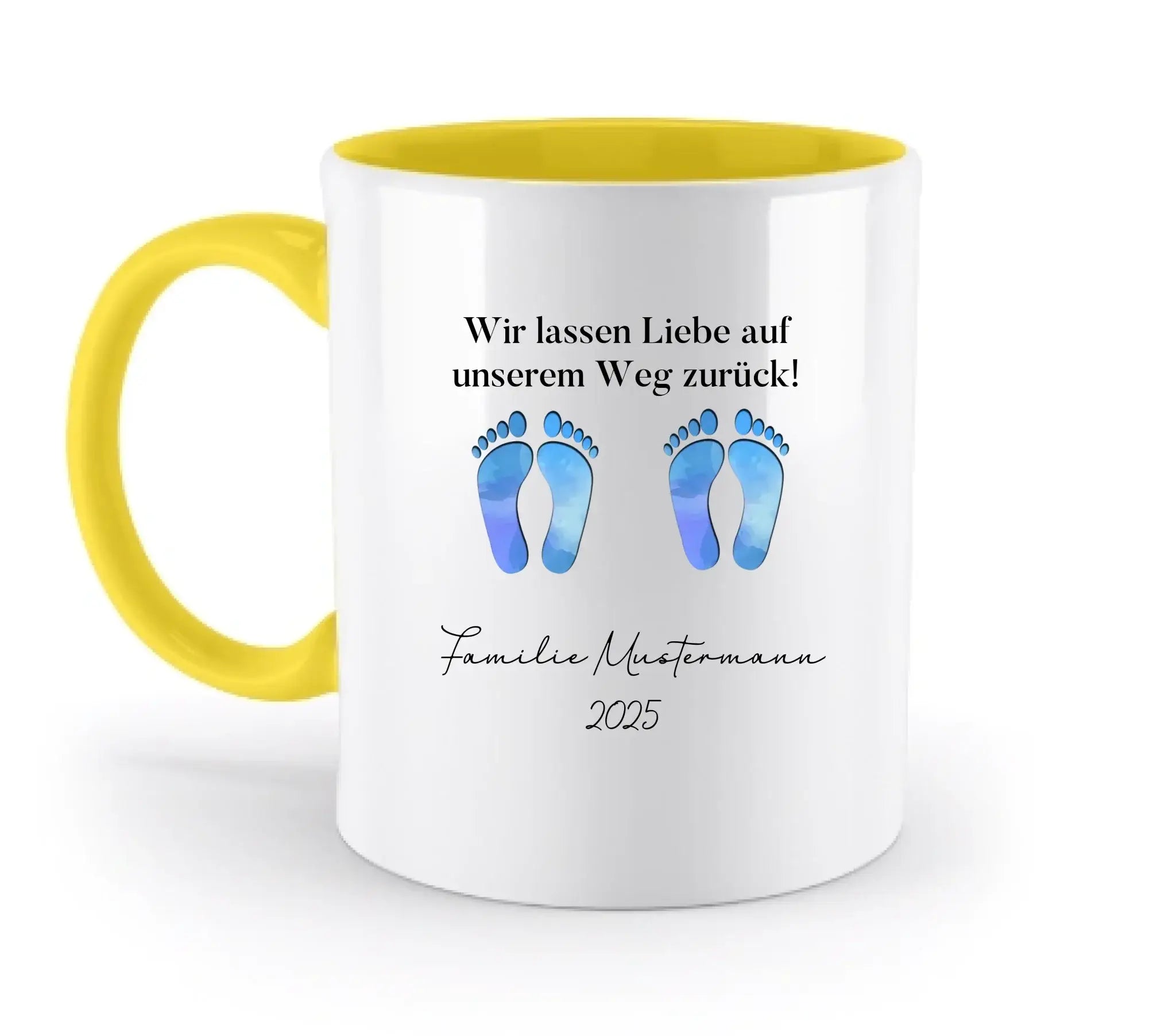 Fußabdrücke mit 0-4 Kindern (personalisierbare Figuren) - Zweifarbige Tasse / Yellow / 330ml - personalisierbare Figuren
