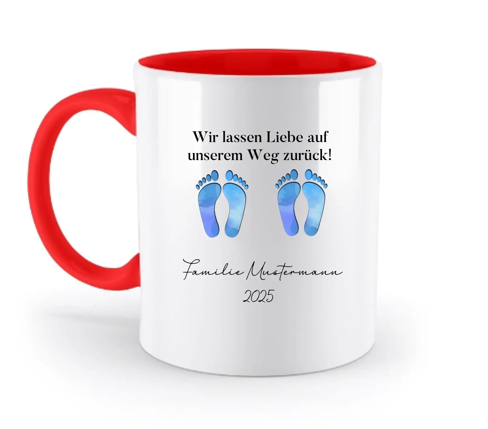 Fußabdrücke mit 0-4 Kindern (personalisierbare Figuren) - Zweifarbige Tasse / Rubin-Red / 330ml - personalisierbare