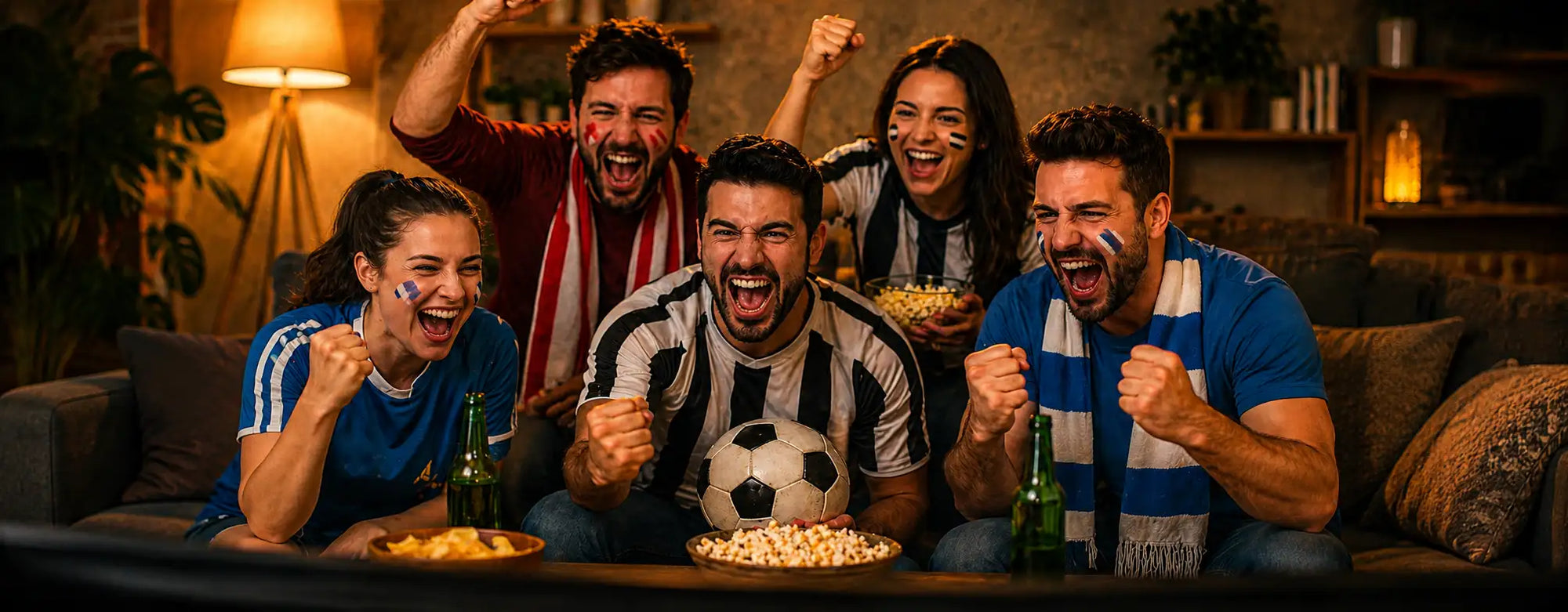 Ein schwarz-weiß gestreiftes Fußballtrikot, das von einem Mann in der Mitte einer Gruppe getragen wird.