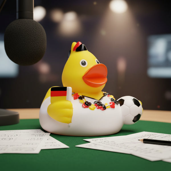 Gelbe quietsche-ente mit orangem schnabel, deutschem fan-blumenkranz und mini-fußball für fußballfans
