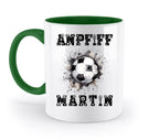 Weiße keramik-tasse mit grünem griff und innenfläche, fußball-design und den wörtern andpff und martin personalisiert