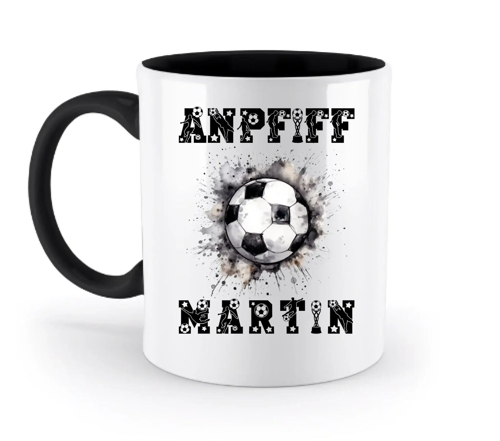 Weißer keramikbecher mit schwarzem griff und innerem mit fußballmotiv und personalisiertem wunschtext von martin