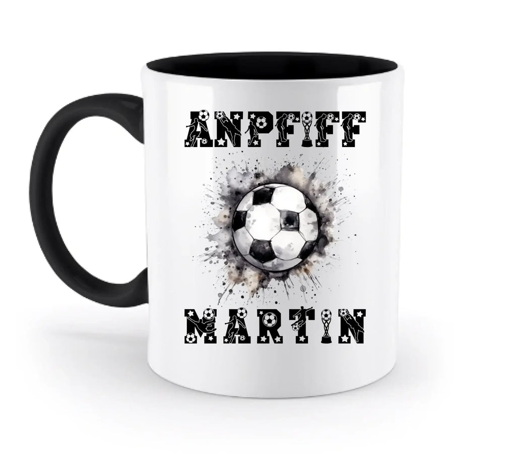 Weiß ceramic mug with black handle and interior featuring a black and white soccer ball design from fußball statement collection