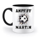 Weiß ceramic mug with black handle and interior featuring a black and white soccer ball design from fußball statement collection