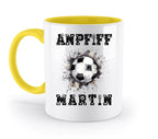 Weiß keramiktasse mit gelbem griff und innenfarbe mit fußball grafik und andpff martin text personalisiert