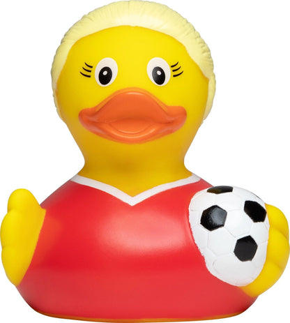 Fußballerin Fußball Spielerin Quietsche - Ente / Badeente - die männliche Variante ist gerade restlos ausverkauft... von HalloGeschenk.de