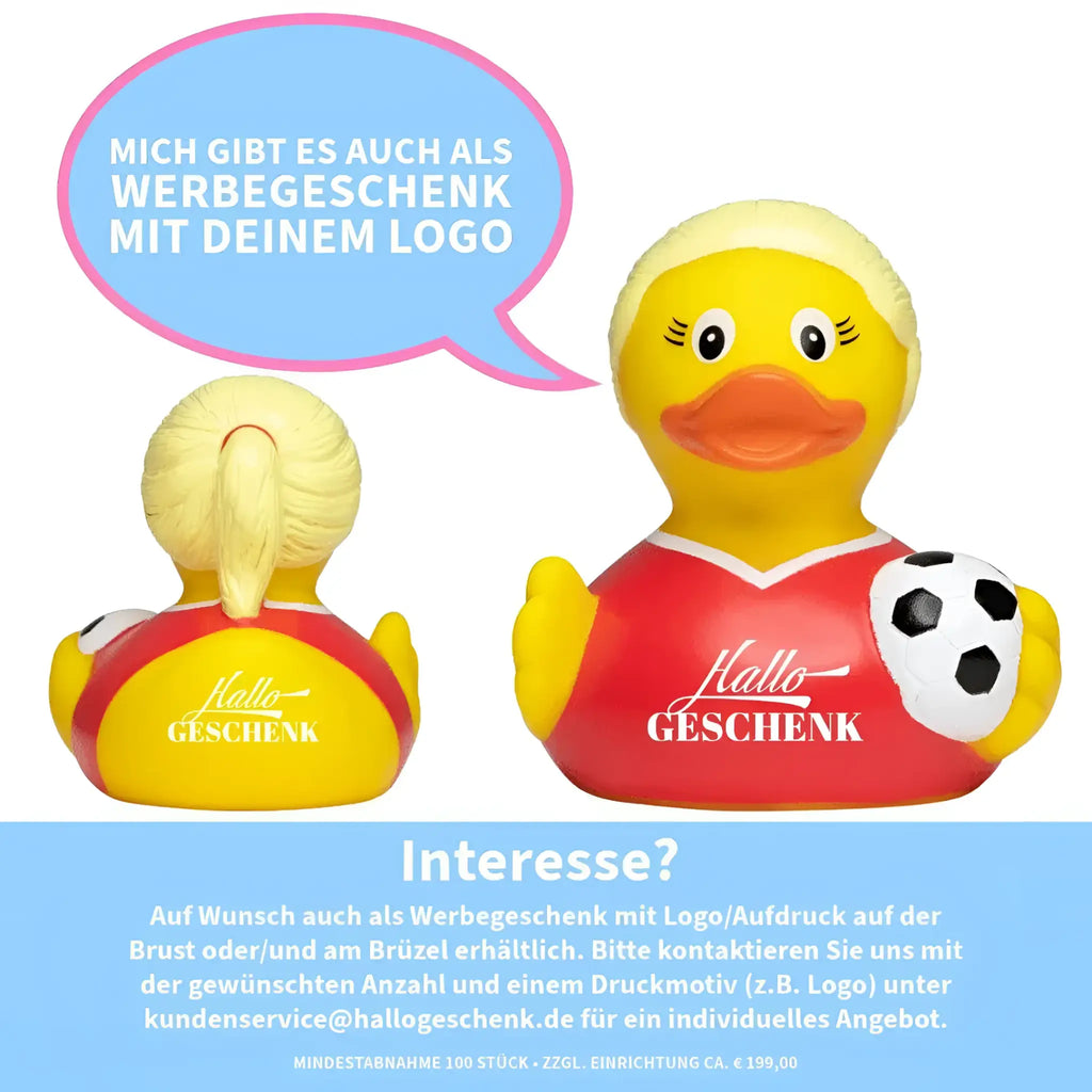 Gelbe quietscheente mit blonden pferdeschwanz in rotem und gelbem fußballtrikot mit hallo geschenk logo