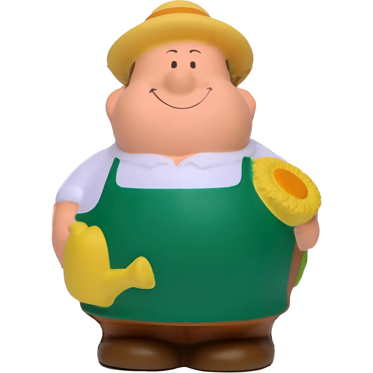 Eine fröhliche cartoon bauernfigur mit gelbem hut grünen overalls und braunen schuhen als gärtner bert anti stress quetschfigur