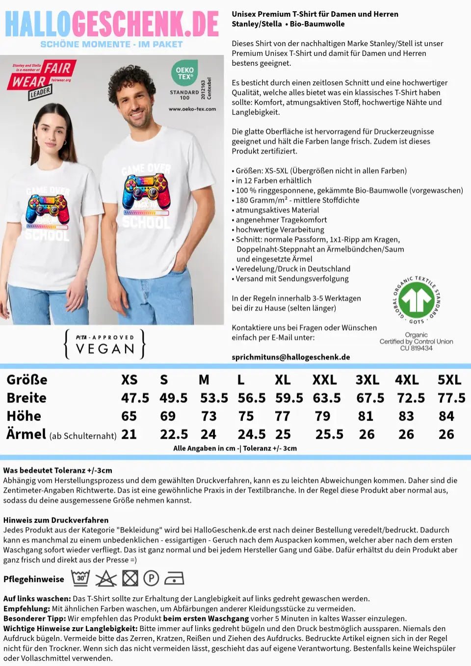 GAME OVER • BACK TO SCHOOL • Schule • Schulanfang • Unisex Premium T-Shirt XS - 5XL aus Bio - Baumwolle für Damen & Herren • Exklusivdesign • personalisiert von HalloGeschenk.de