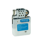 Silber weißer tristar butan-feuerzeug mit chrom finish und blauer sicherheitskennzeichnung für zippo und star gas-einsatz