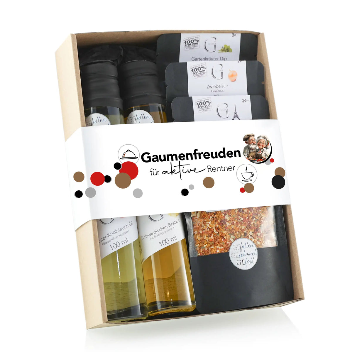 Beige geschenkbox mit gourmet gewürzen und getrockneten kräutern im gaumenfreuden für aktive rentner set