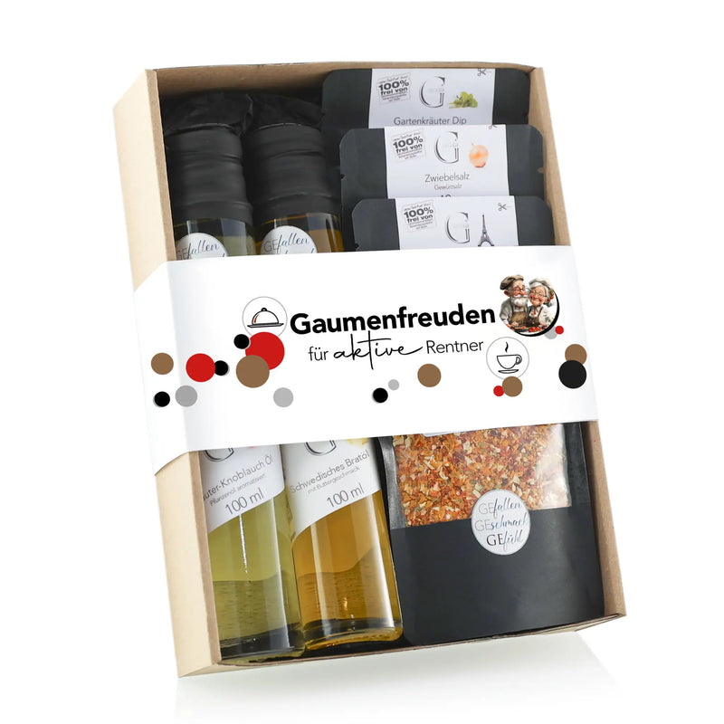 Beige geschenkbox mit gourmet gewürzen und getrockneten kräutern im gaumenfreuden für aktive rentner set