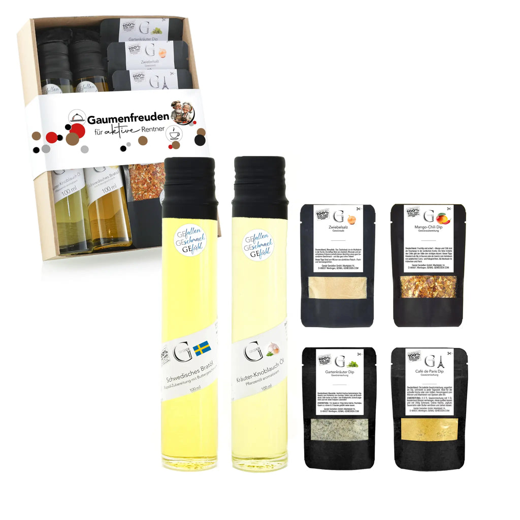 Zwei schlanke flaschen mit goldenem infused öl und schwarzem verschluss aus dem geschenkset gaumenfreuden für aktive rentner