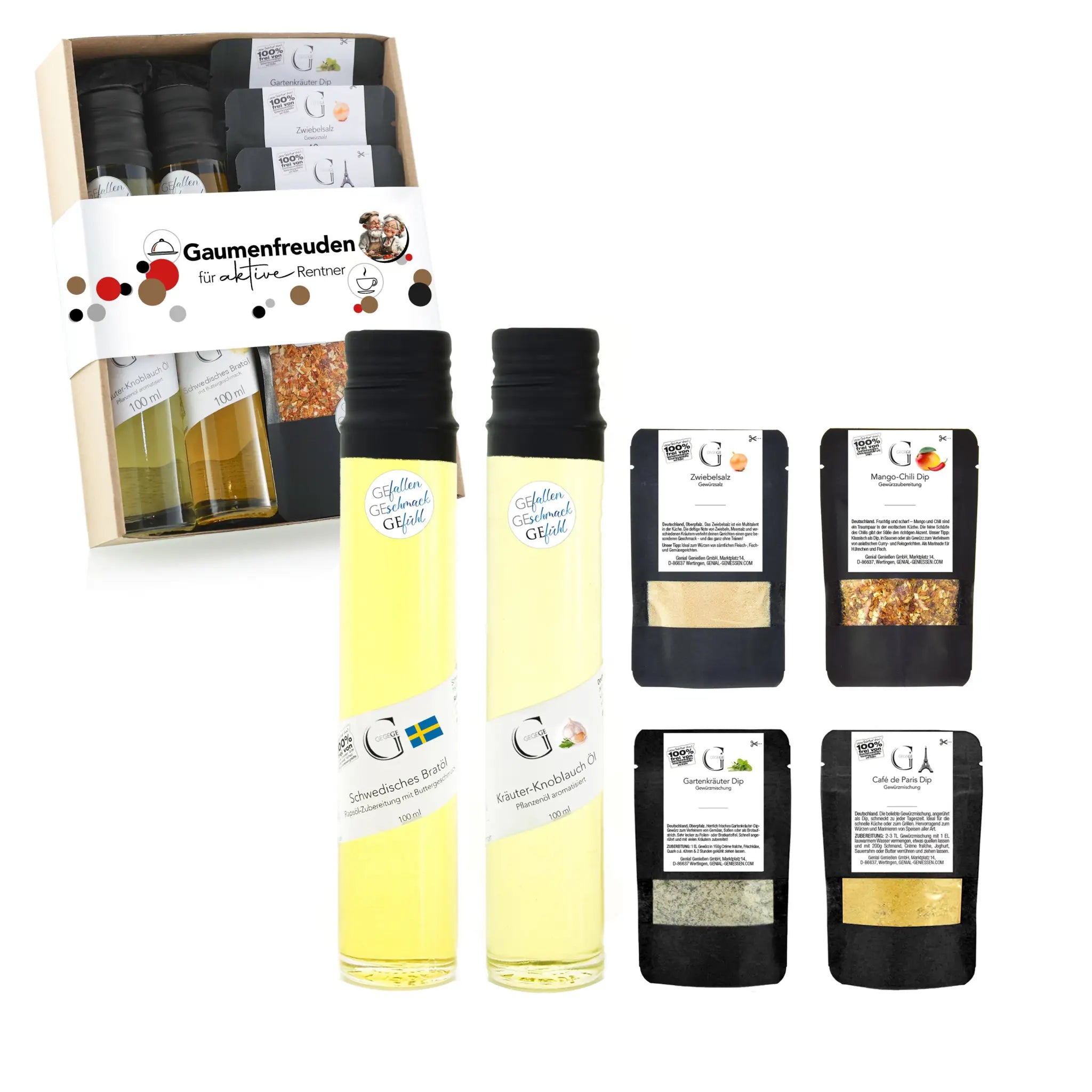 Zwei schlanke flaschen mit goldenem infused öl und schwarzem verschluss aus dem geschenkset gaumenfreuden für aktive rentner