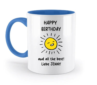 Weiß ceramic mug with blue interior and handle featuring yellow smiling sun and black happy birthday text from statement collection
