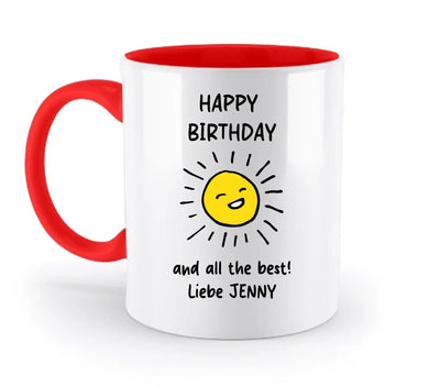 Weiße keramikmug mit rotem griff und innen rot mit freundlichem gelben sonnengesicht und happy birthday text