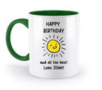 Weiße keramiktasse mit grünem griff und innenfläche, fröhlicher gelber sonnensmilie und text happy birthday, geburtstag motiv 1 personalisiert