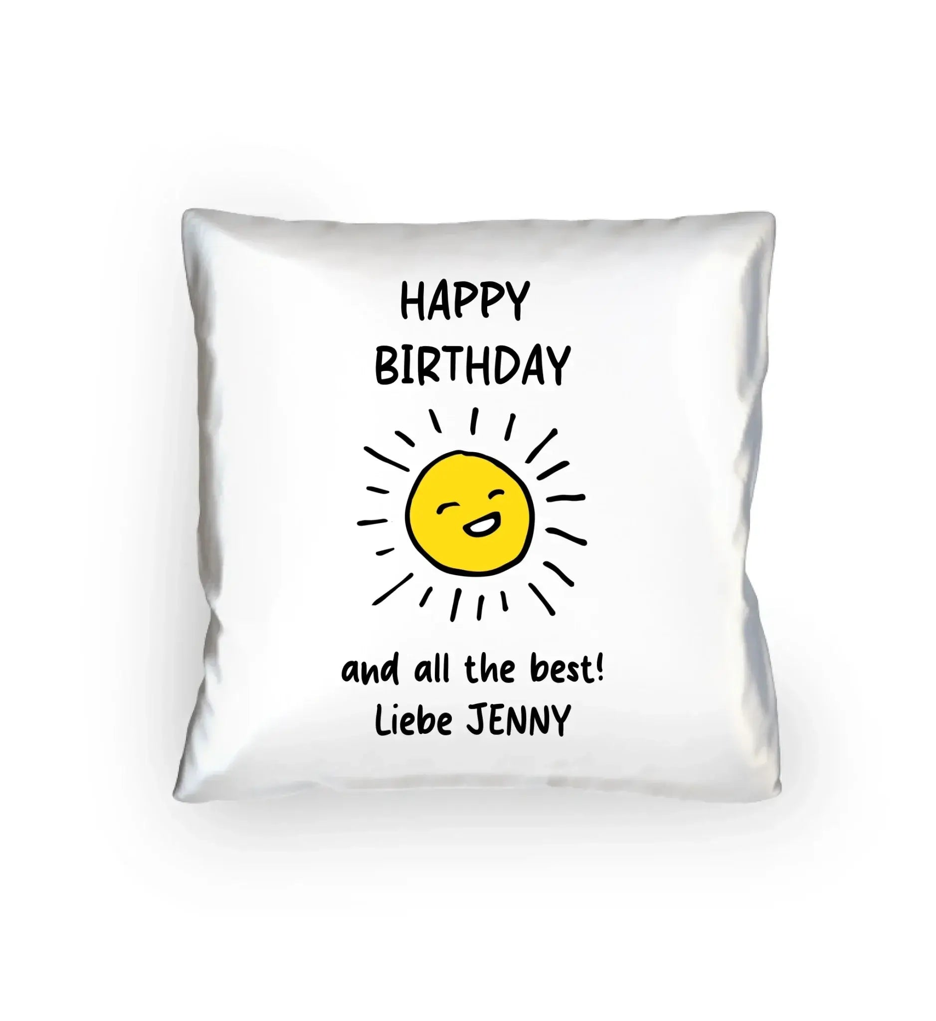 Weißes quadratisches kissen mit gelber sonne und schwarzem happy birthday text personalisiert für geburtstag