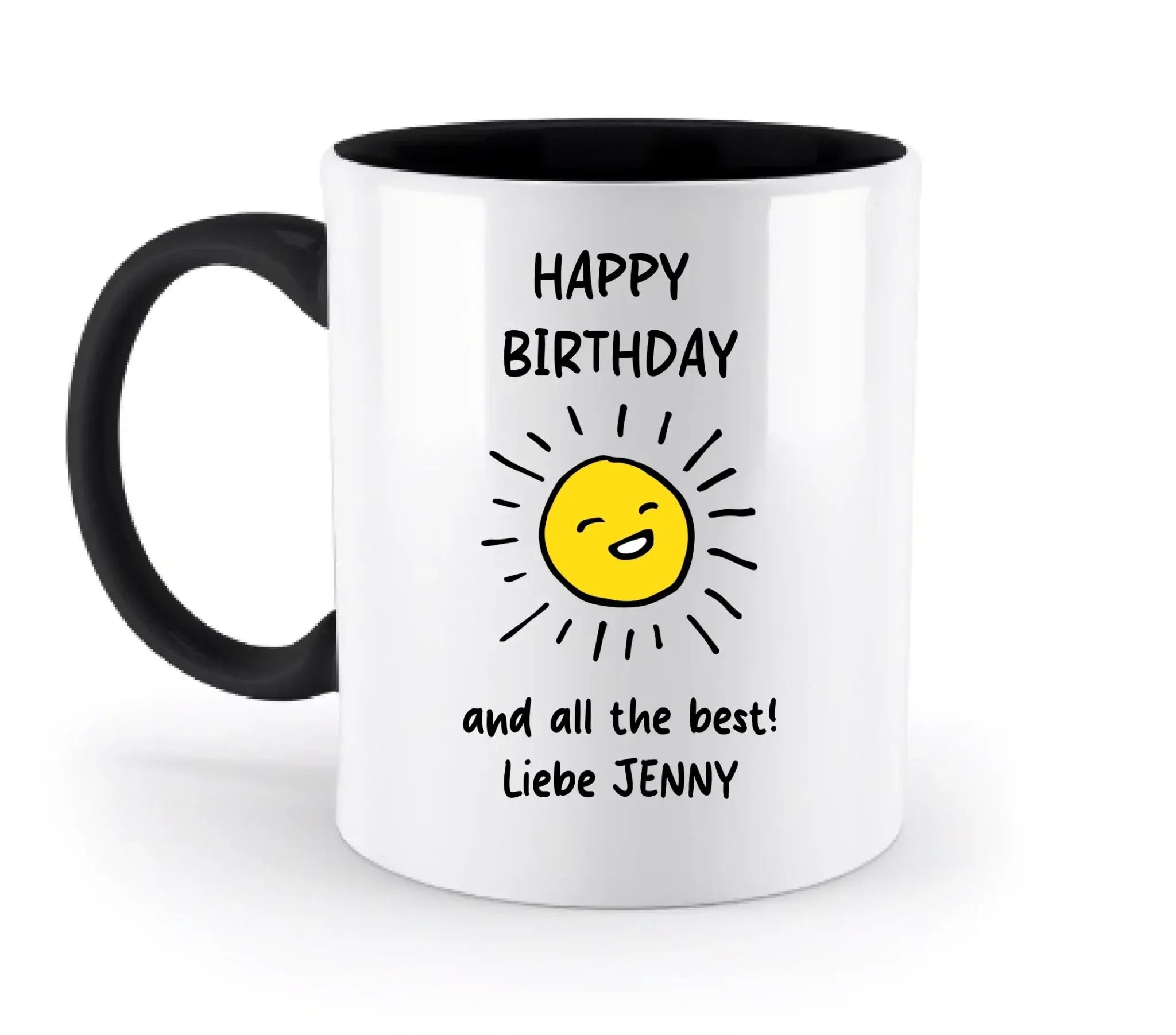 Weiße keramikmug mit schwarzem griff und innenfläche mit fröhlicher gelber sonnensmiley und happy birthday text