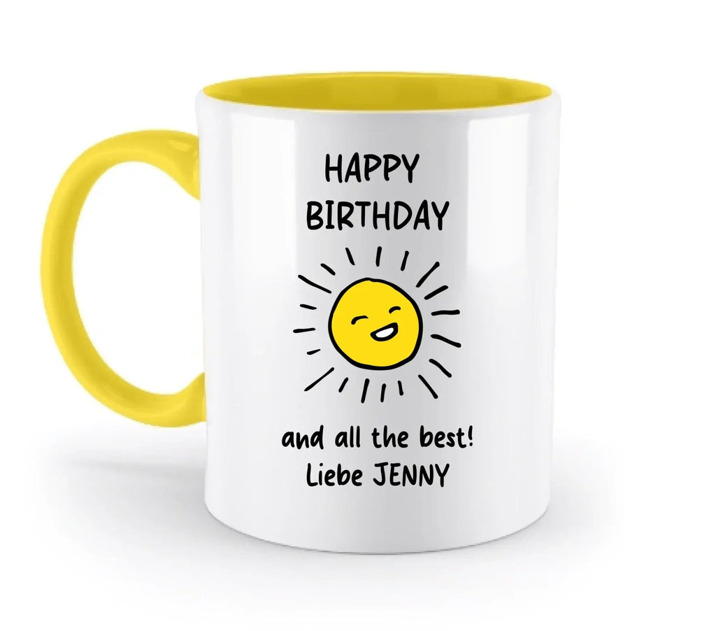 Weiße keramikmugge mit gelbem griff und innenfarbe, fröhliche sonne und happy birthday text, personalisierbar