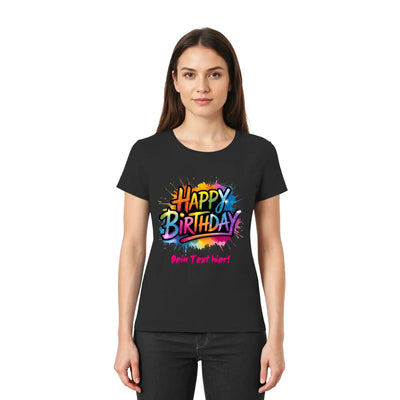 Schwarzes kurzarmshirt mit buntem happy birthday motiv und anpassbarem wunschtext aus der statement collection