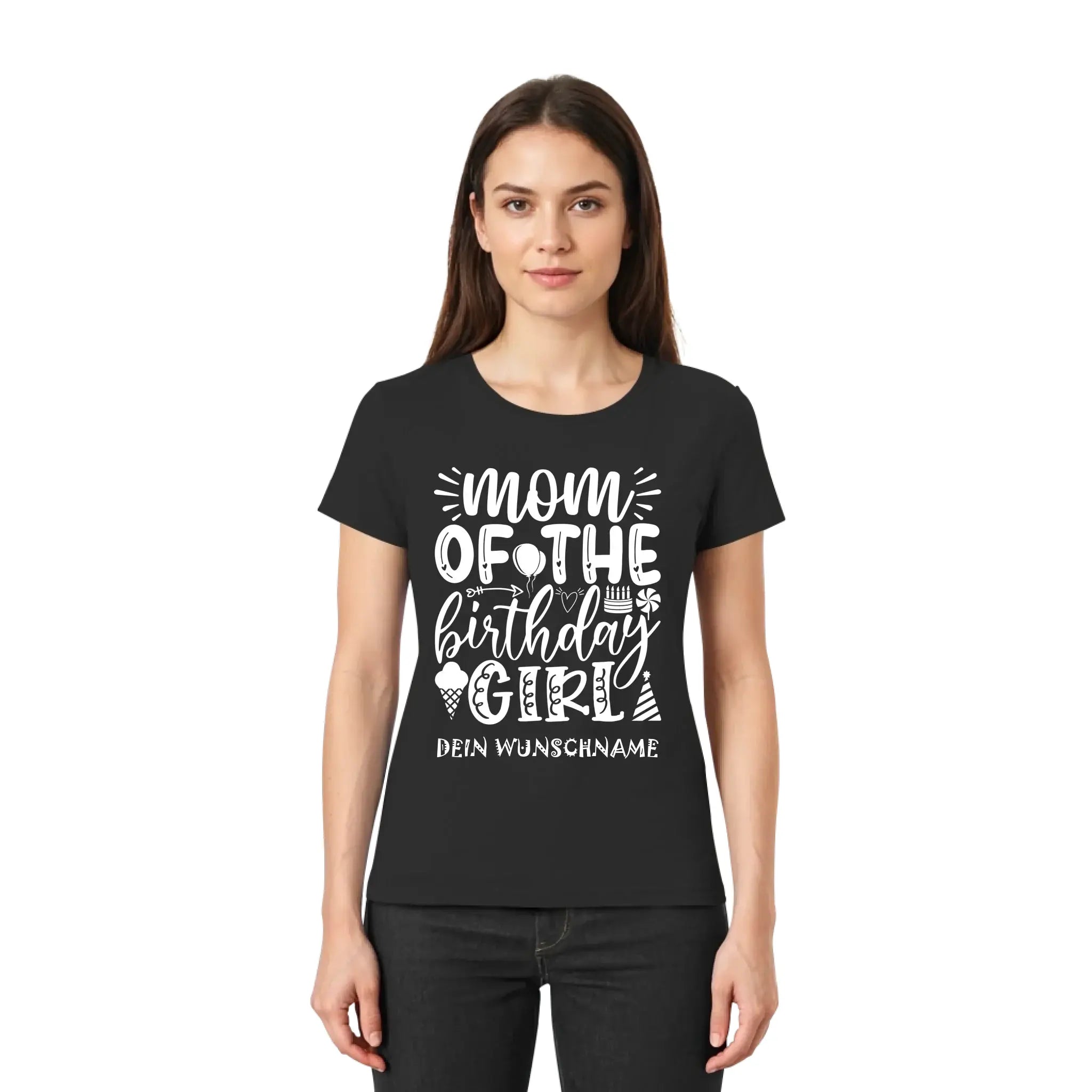 Schwarzes kurzarmshirt mit weißem mom of the birthday girl motiv und anpassbarem text aus der statement collection