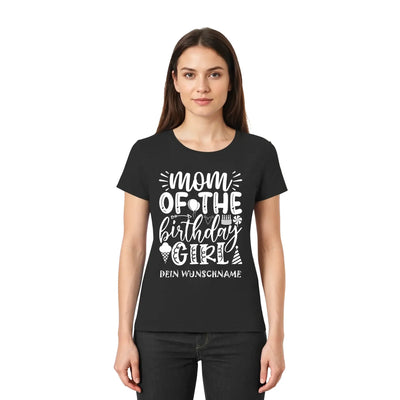 Schwarzes kurzarmshirt mit weißem mom of the birthday girl motiv und anpassbarem text aus der statement collection