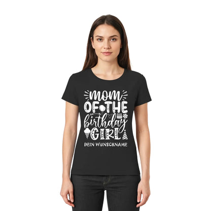 Schwarzes kurzarmshirt mit weißem mom of the birthday girl motiv und anpassbarem text aus der statement collection