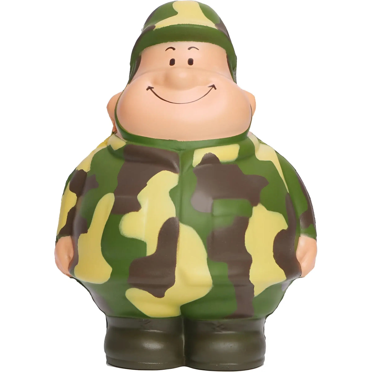 Eine fröhliche cartoon-soldaten-quetschfigur gefreiter bert mit grün-gelbem camouflage, kappe und stiefeln