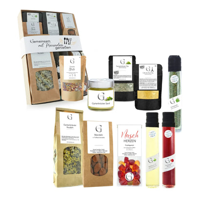 Garten krauter geschenkset gemeinsam mit freunden geniessen mit getrockneten kräutern und gewürzmischungen in markenverpackung